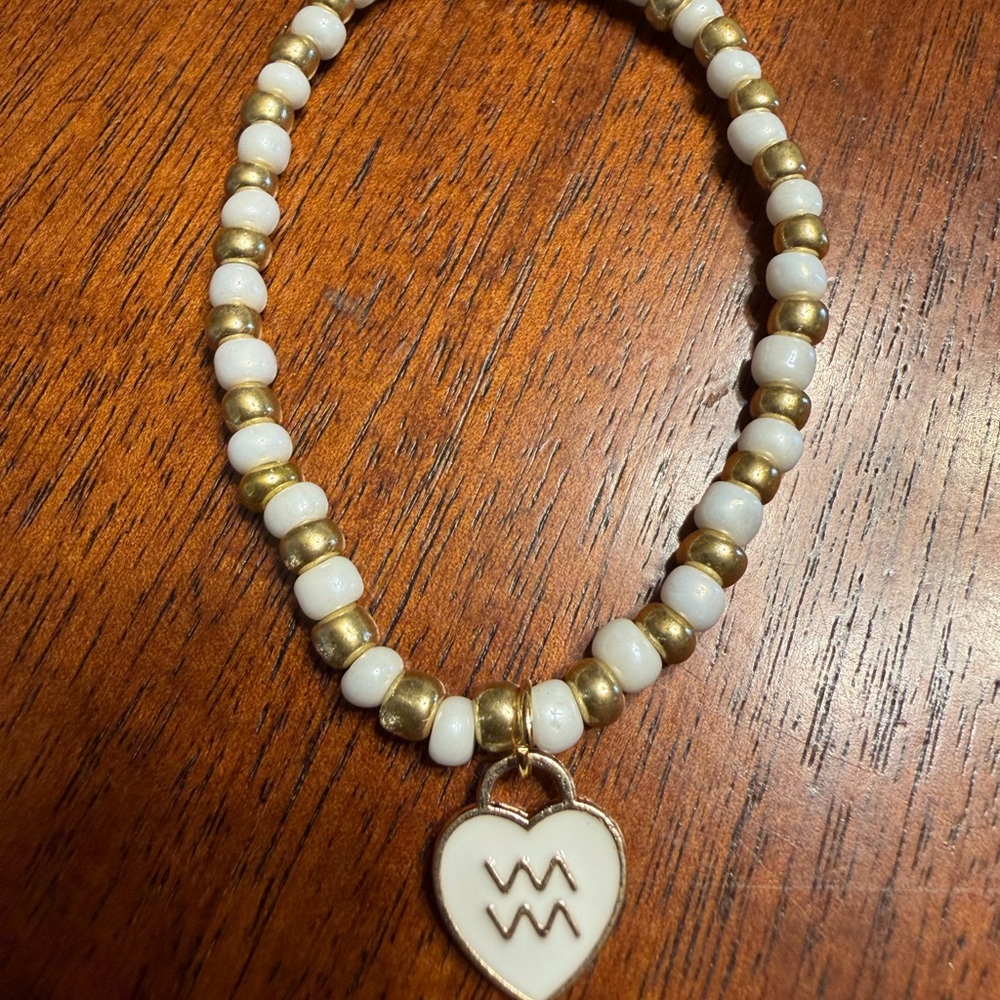 Chic Gold and White Beaded Necklace with Aquarius Zodiac  Pendant